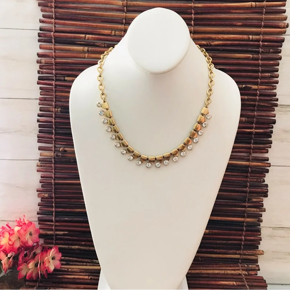 J. Crew Matte Gold Tone Rhinestone Statement Necklace 18” - 21.5”